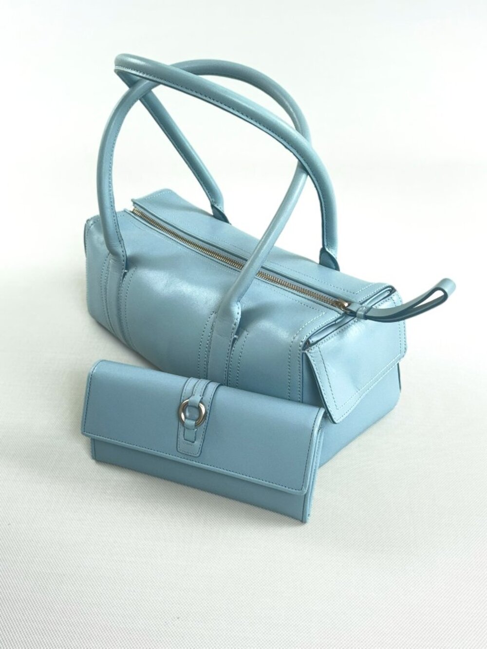 Ann Taylor Baby Blue Genuine Leather Handbag & Matching Wallet Set Medium